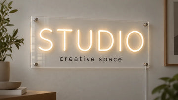Concept d’enseigne STUDIO en néon blanc chaud sur plexiglas transparent, avec une petite ligne imprimée en dessous
