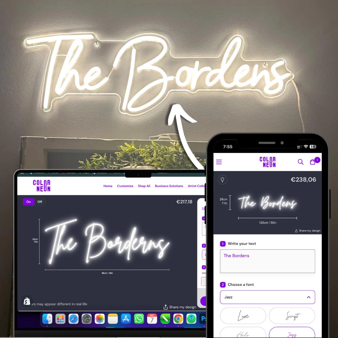 Custom neon sign designed for personalized home decor, business branding, or events. High-quality, waterproof LED neon with vibrant colors and energy efficiency. Créez votre enseigne néon sur mesure pour illuminer vos espaces.