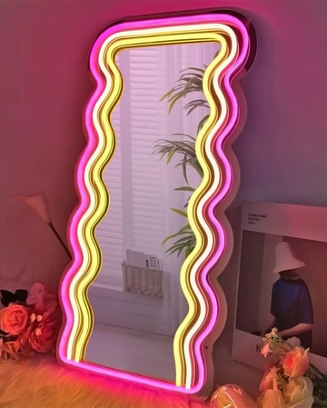 Neon Mirror - Add a Modern Touch to Your Space with a Custom LED Neon Lighted Mirror. Perfect for Bedrooms, Living Rooms, Offices, and Beauty Spaces. Featuring Vibrant Neon Colors, These Mirrors Create a Unique, Stylish Ambiance. Ideal for Enhancing Your Decor with a Touch of Glamour, Trendiness, and Customization. Available in Various Designs and Sizes to Suit Your Personal Style. A Must-Have Statement Piece for Any Contemporary Interior.