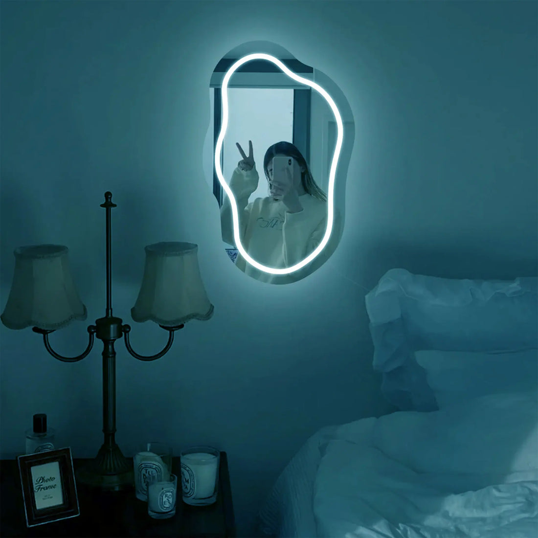 Front view of the Aurora Glow Mirror with vibrant neon hues.
