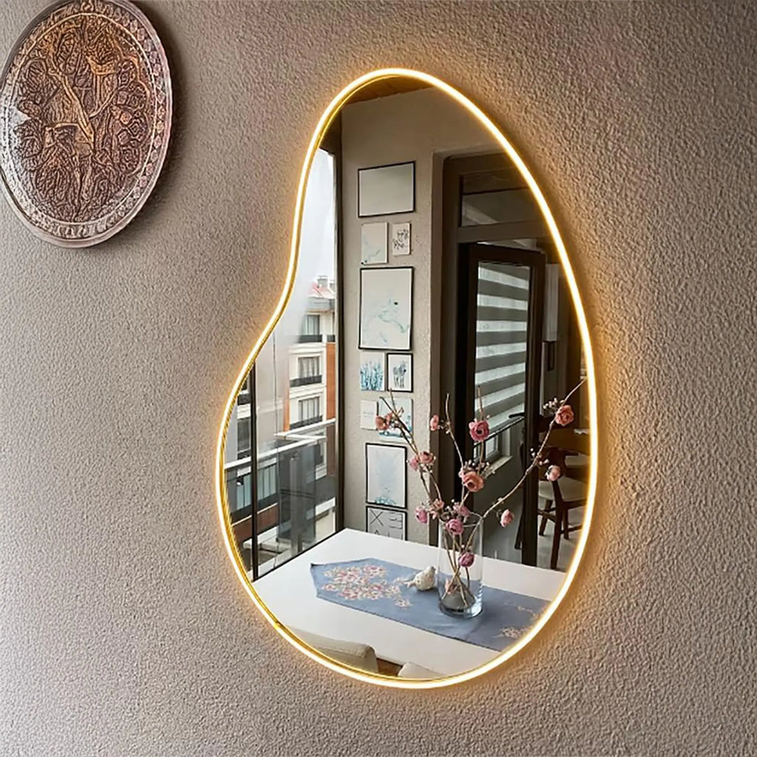 Front view of the Celestial Neon Mirror with soft glowing accents.
