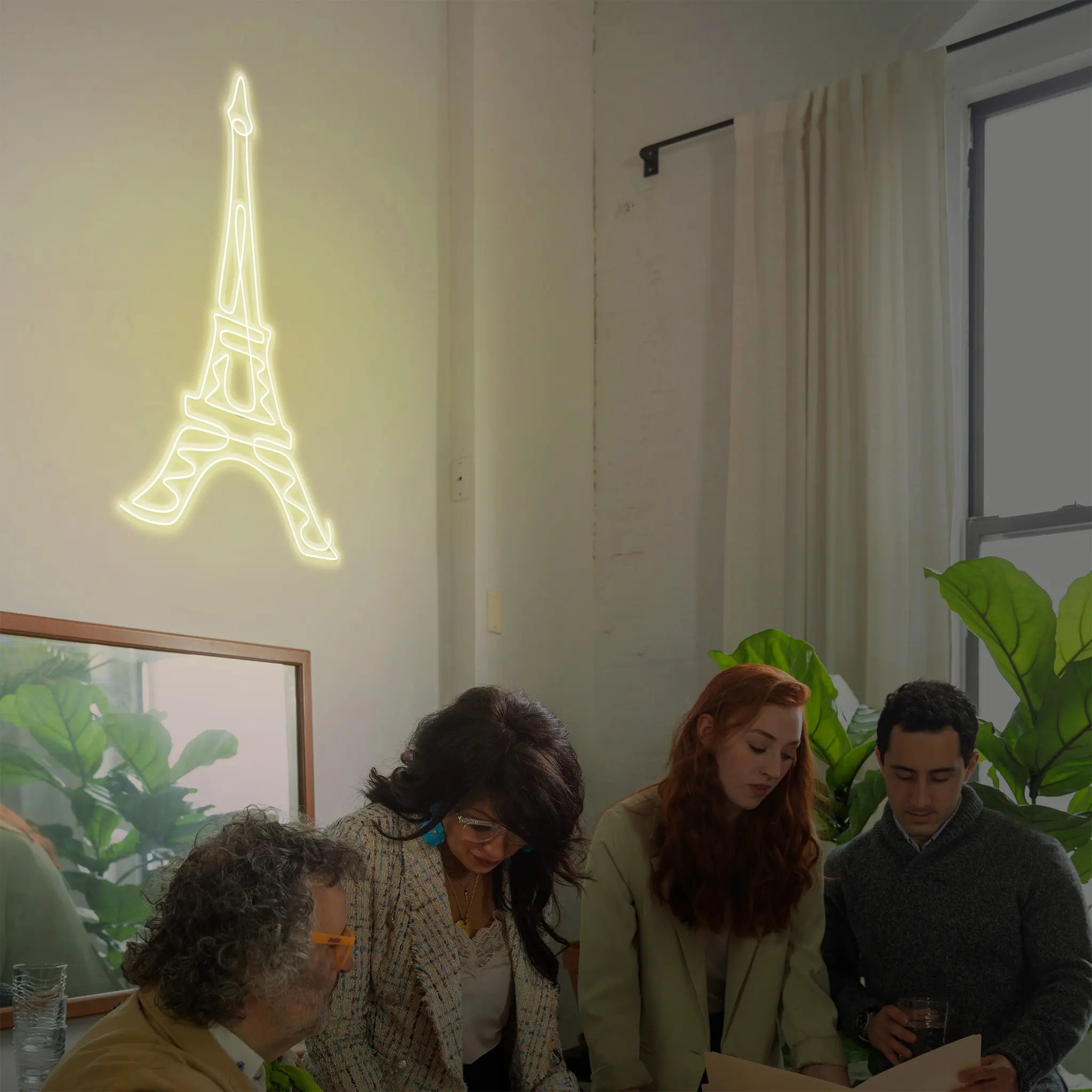 "Close-up of Eiffel Tower Neon Line Art highlighting its intricate glow."