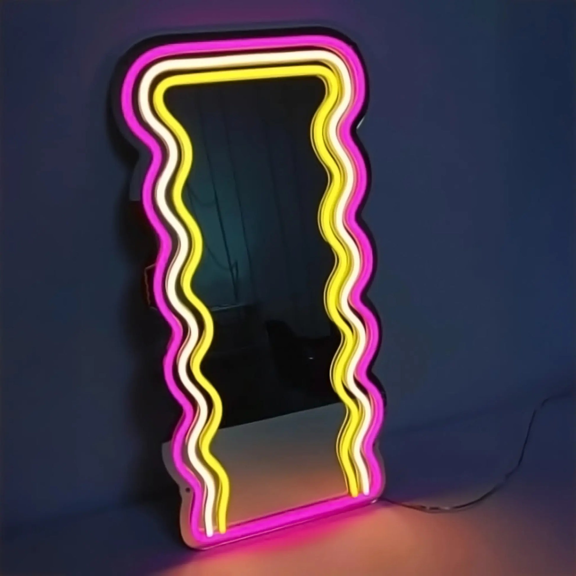 Wavy Neon Mirror creating a modern ambiance in a bedroom setting.
