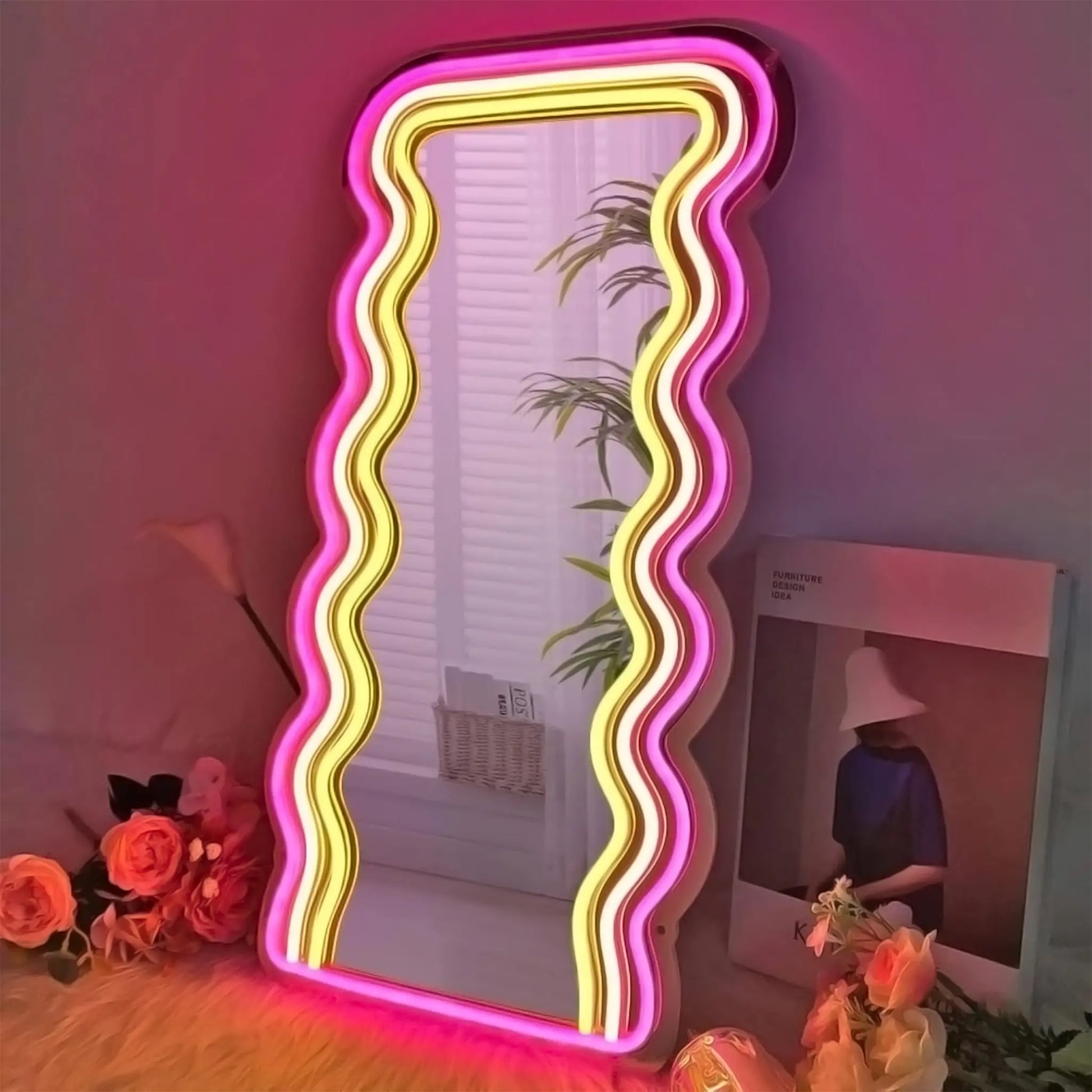 Front view of the Wavy Neon Mirror with glowing neon highlights.
