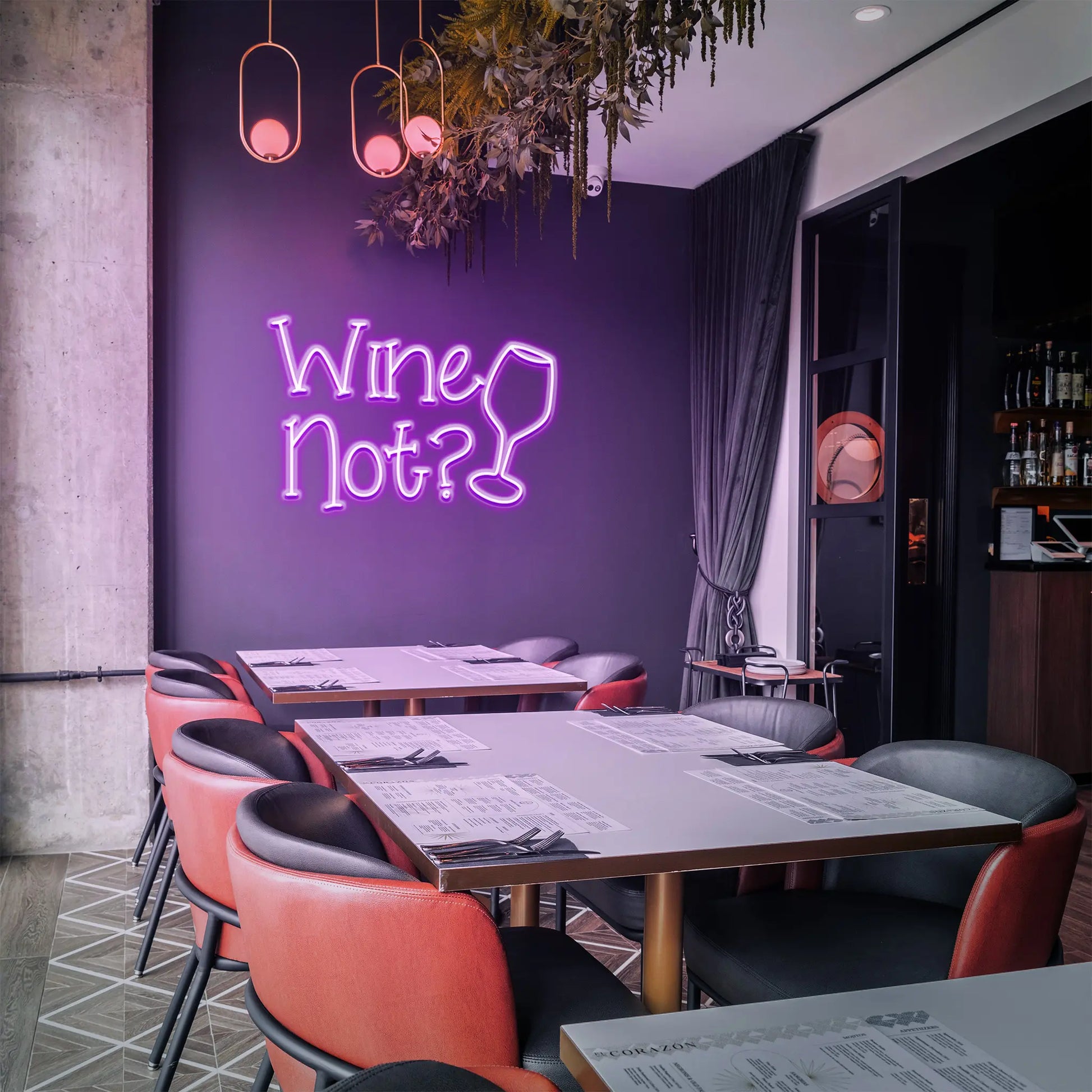 Wine Not? Neon Sign glowing brightly, creating a fun and inviting ambiance for wine enthusiasts.